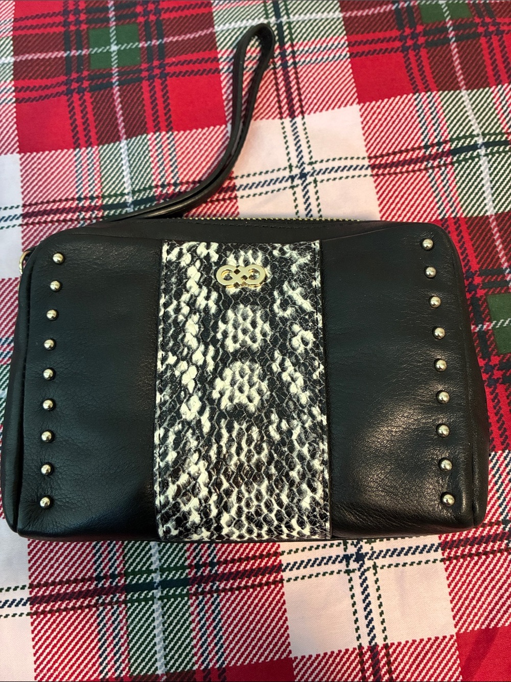 Cole Haan Black Wristlet with White-and-Black Snake-Print Panel